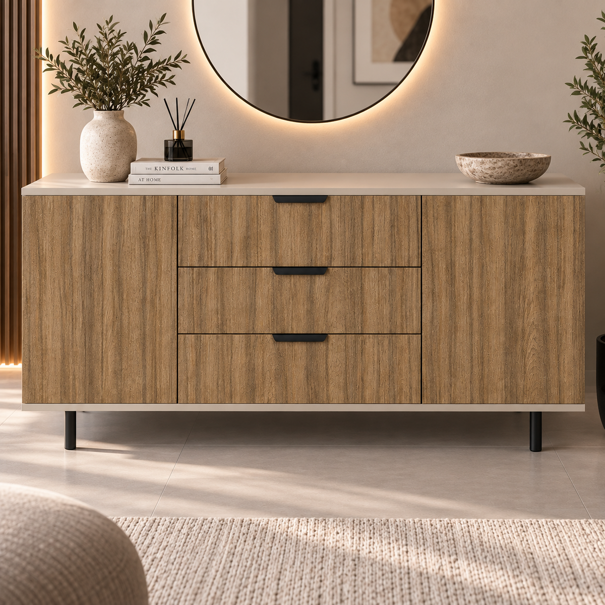Comodă VERNAZZA cu corp cașmir deschis, 3 sertare și 2 uși, fronturi MDF decor stejar, 150x40x80 cm Default Title Arboteca