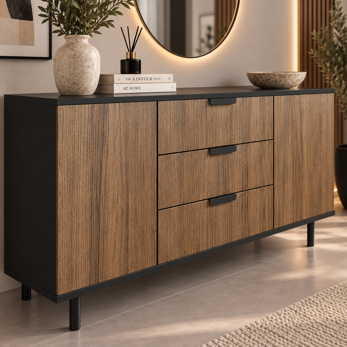 Comodă VERNAZZA cu corp negru, 3 sertare și 2 uși, fronturi MDF decor stejar, 150x40x80 cm Arboteca