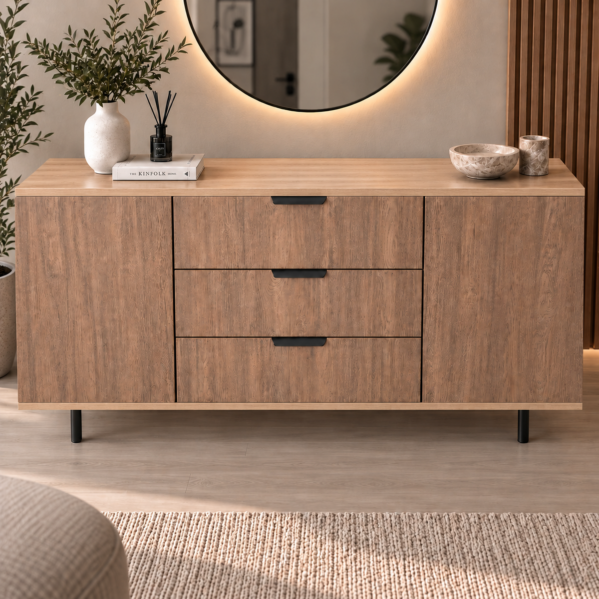Comodă VERNAZZA cu corp sonoma, 3 sertare și 2 uși, fronturi MDF decor stejar, 150x40x80 cm Arboteca