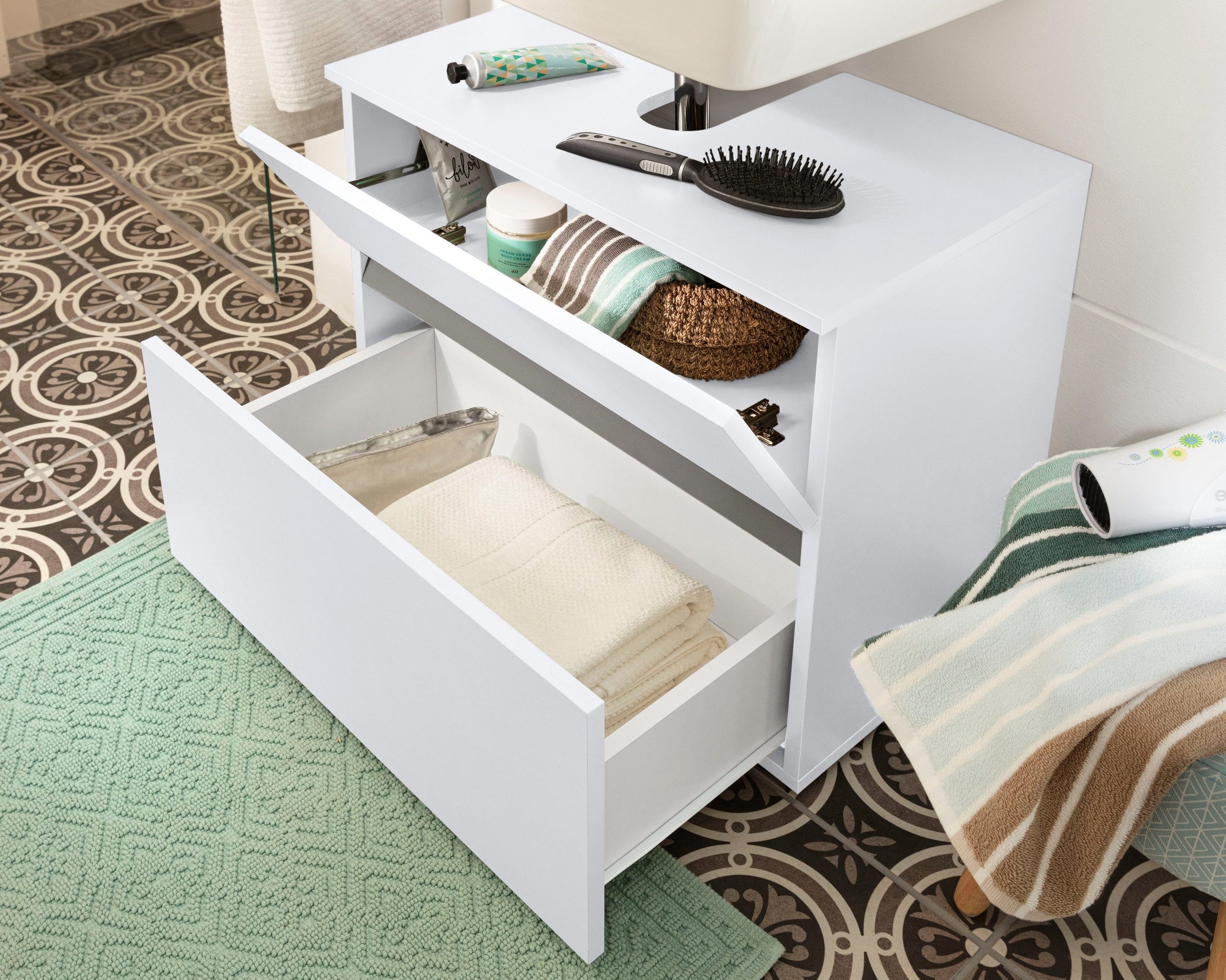 Comoda de baie pentru chiuveta Wisla din PAL, cu sertar si clapa push-to-open, 60 cm Arboteca
