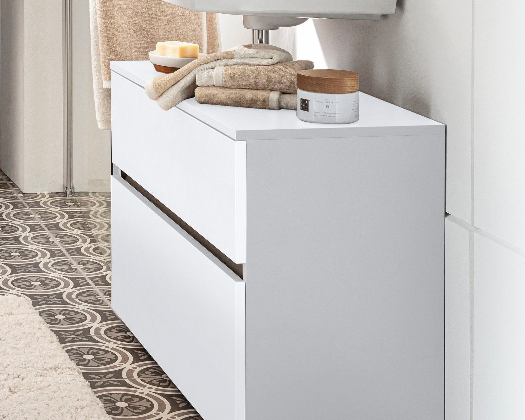 Comoda de baie pentru chiuveta Wisla din lemn, cu sertar si clapa push-to-open, alb, 80 cm Arboteca