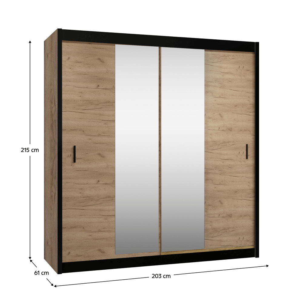 Dulap cu uși glisante CRAFT, negru/stejar craft, cu oglindă, 203x215 cm Kondela