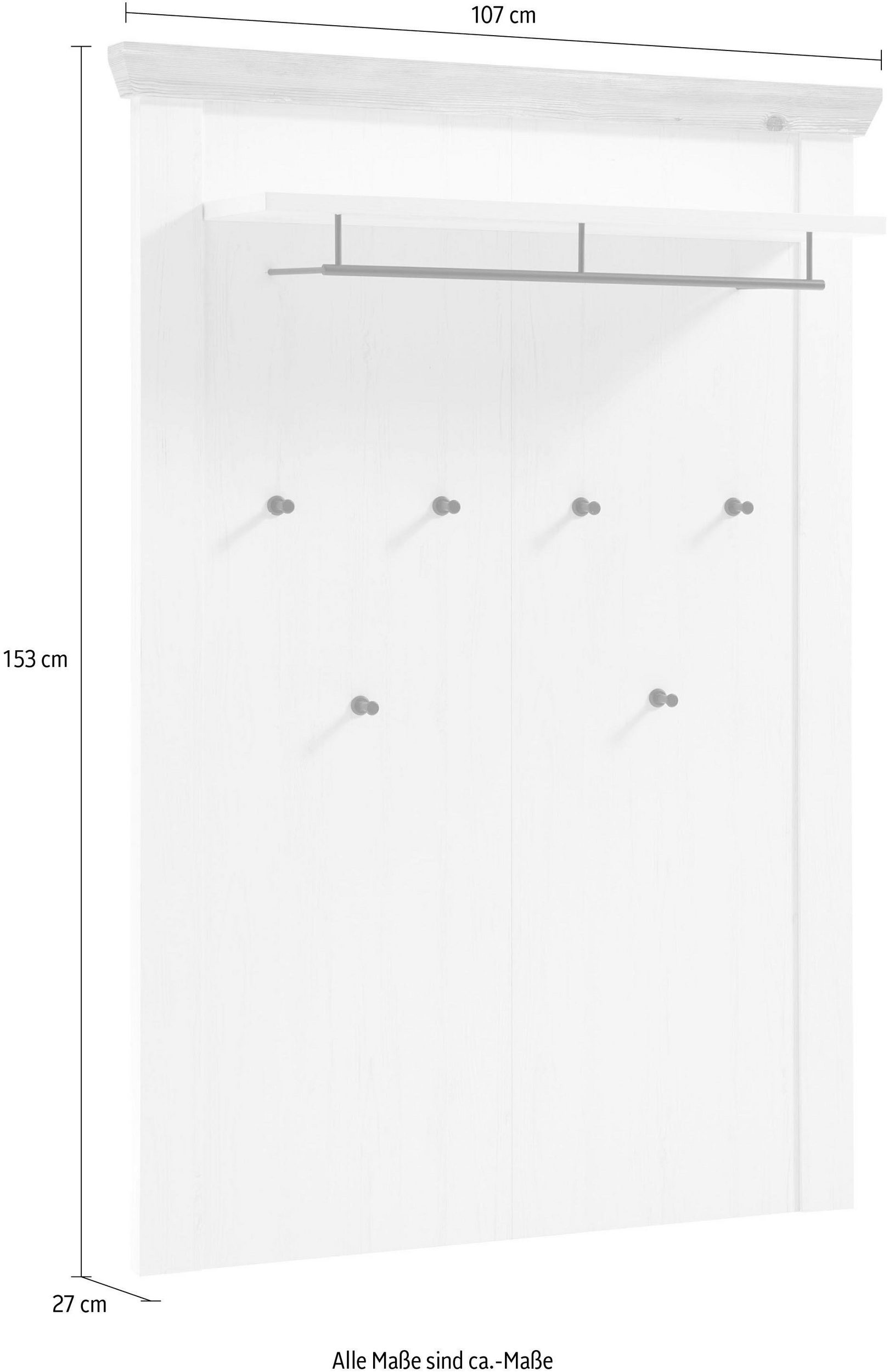 Cuier pentru haine Florence, 107x27x153 cm, decor pin alb, PAL melaminat, 6 cârlige, bară și raft de depozitare Arboteca