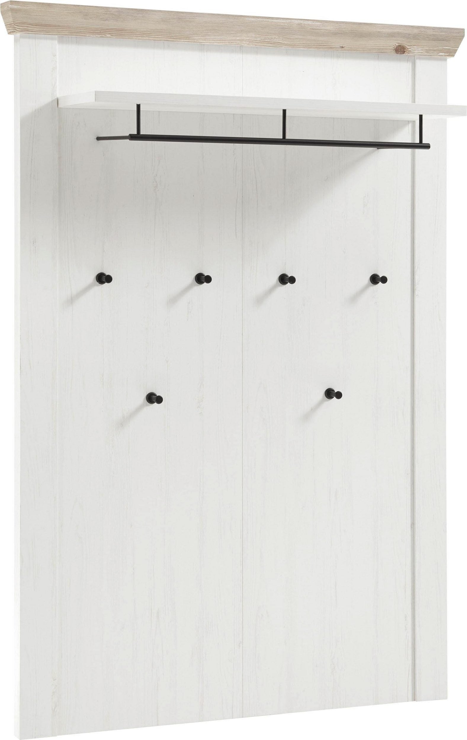 Cuier pentru haine Florence, 107x27x153 cm, decor pin alb, PAL melaminat, 6 cârlige, bară și raft de depozitare Arboteca