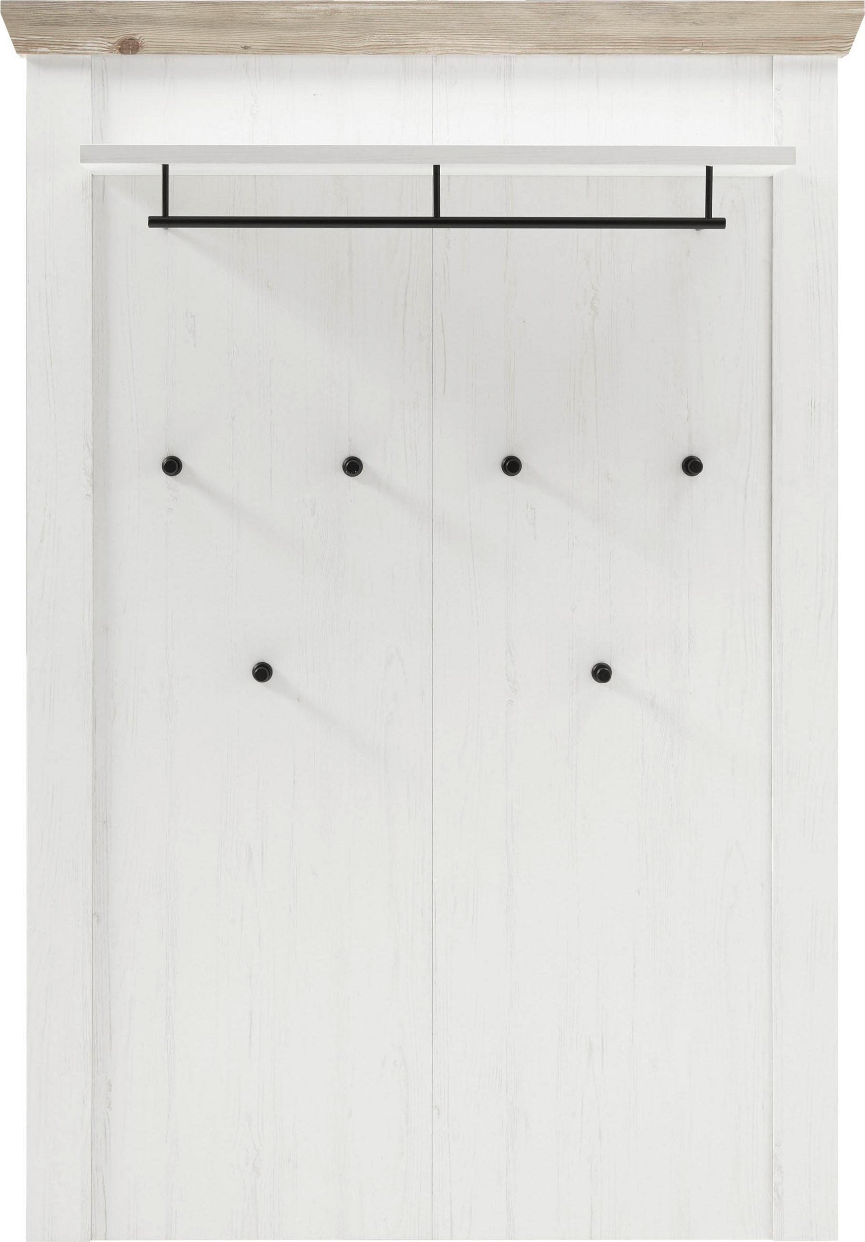 Cuier pentru haine Florence, 107x27x153 cm, decor pin alb, PAL melaminat, 6 cârlige, bară și raft de depozitare Arboteca