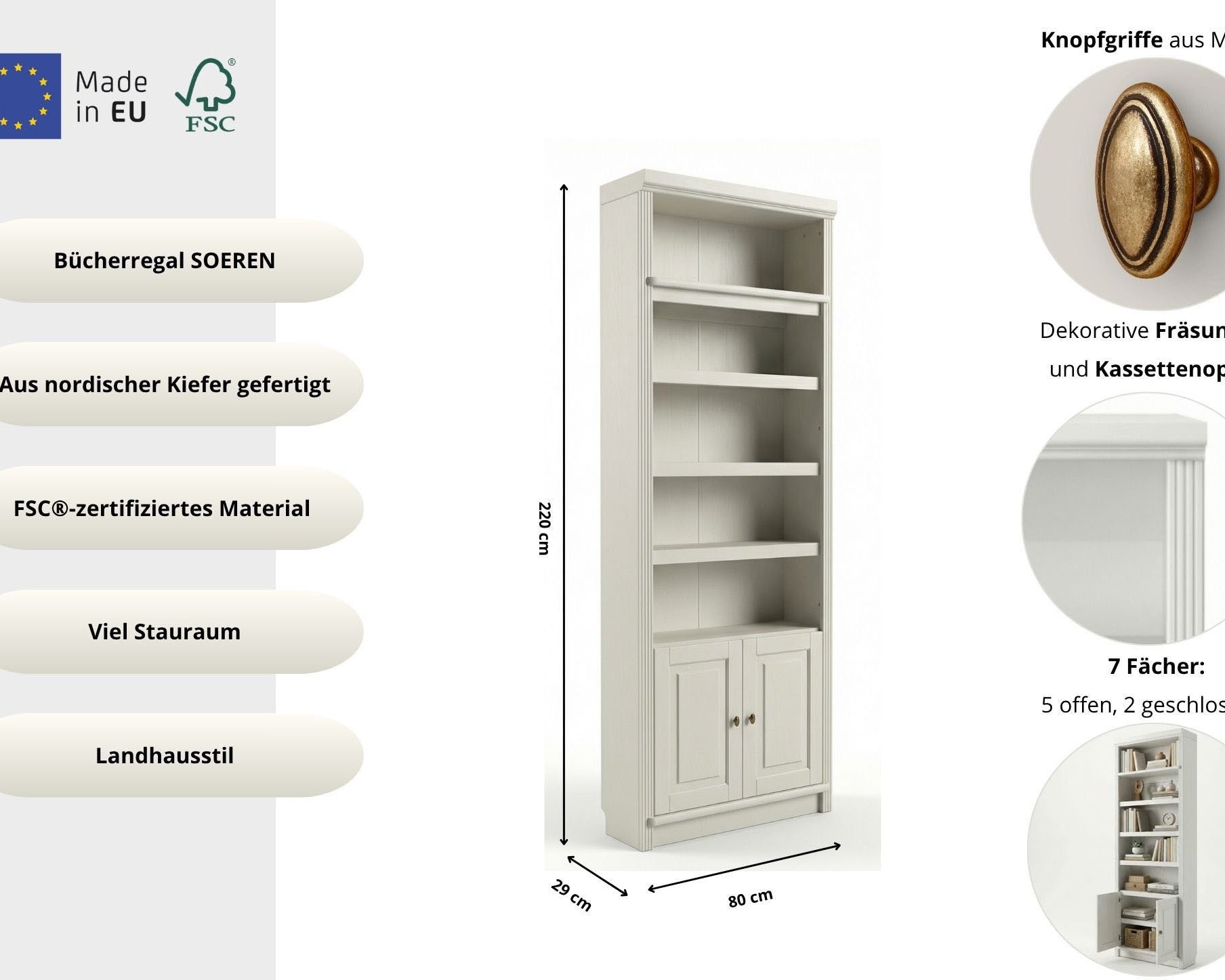 Bibliotecă din lemn masiv de pin Soeren, 2 uși, 80×29×220 cm – alb crem Arboteca