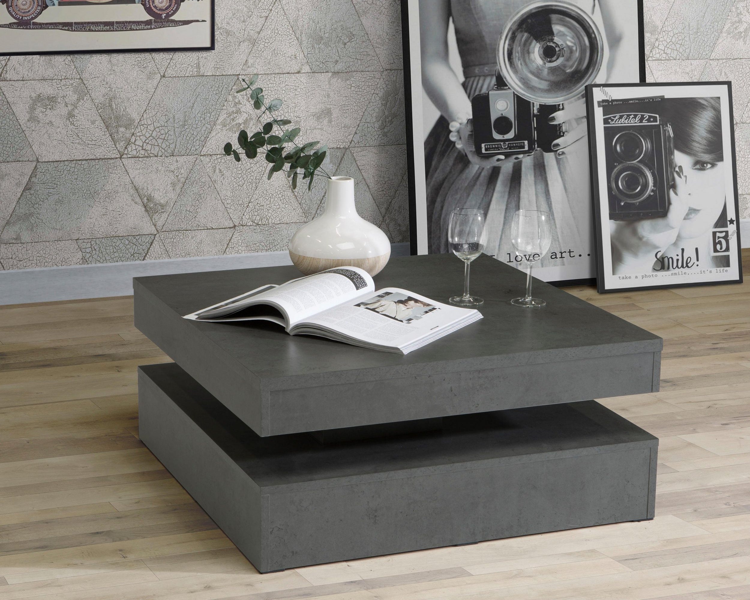 Măsuță de cafea FORTE cu blat rotativ, PAL, beton închis, 78×78×35 cm Arboteca