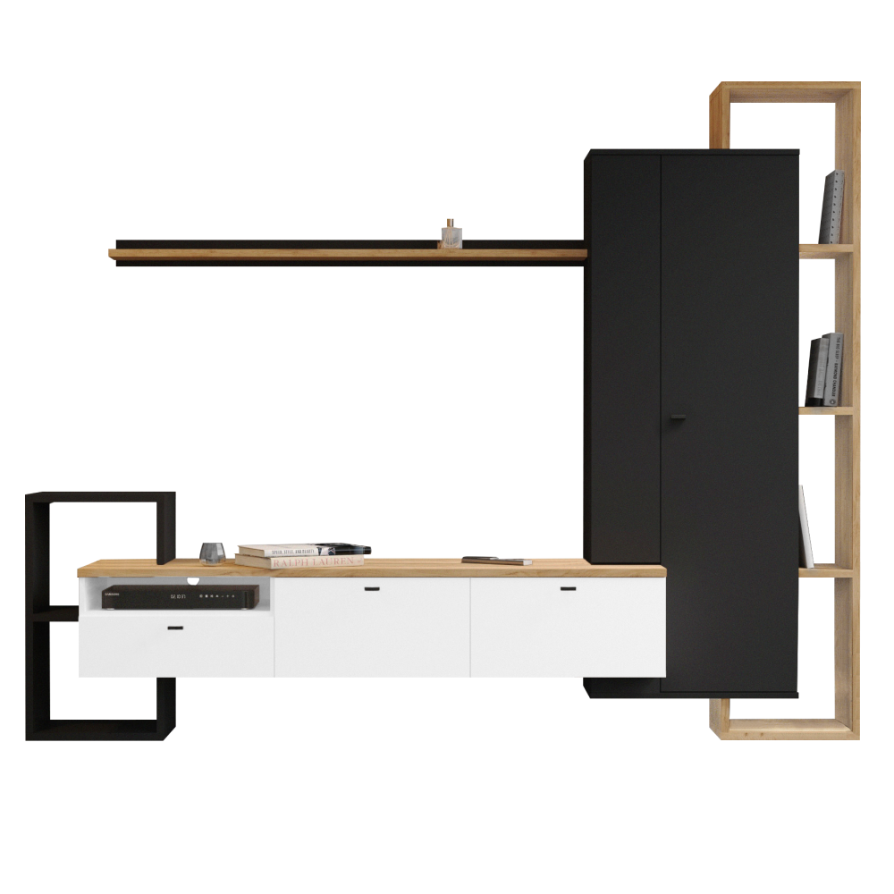 Mobilier de perete living, negru/alb/stejar craft auriu, DENISO Kondela