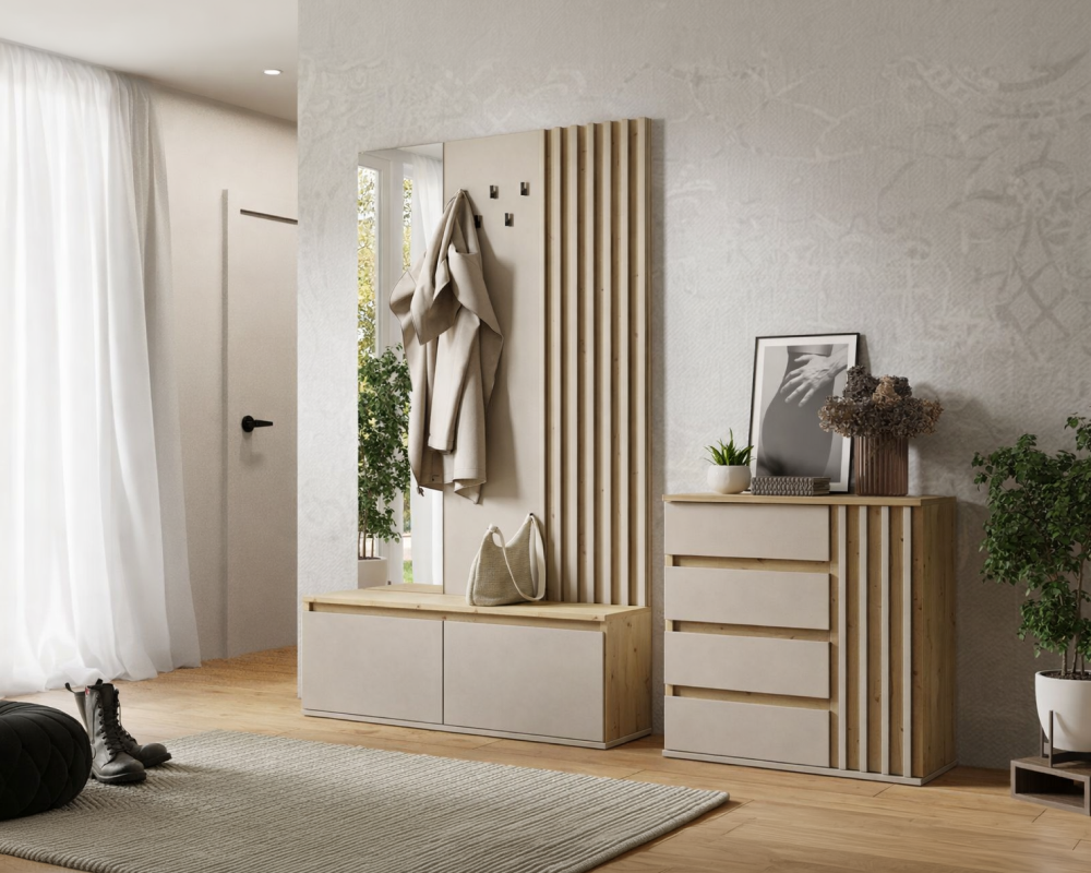 Set mobilier hol DERIS cu oglindă, cașmir/stejar artisan, 120x202 cm Kondela