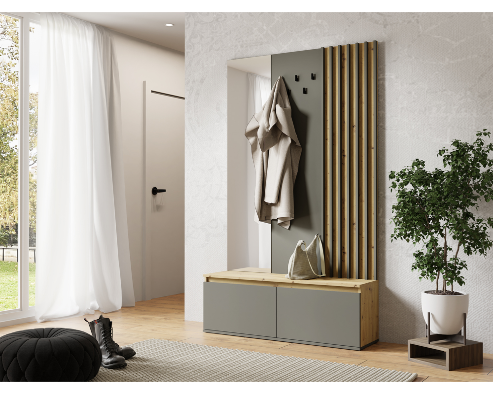Set mobilier hol DERIS cu oglindă, grafit/stejar artisan, 120x202 cm Kondela