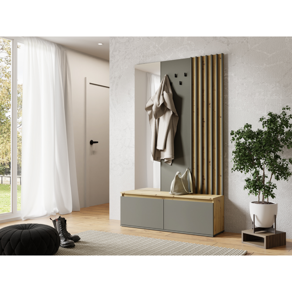 Set mobilier hol DERIS cu oglindă, grafit/stejar artisan, 120x202 cm Kondela