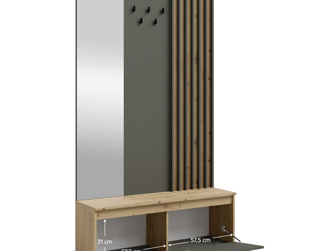 Set mobilier hol DERIS cu oglindă, grafit/stejar artisan, 120x202 cm Kondela