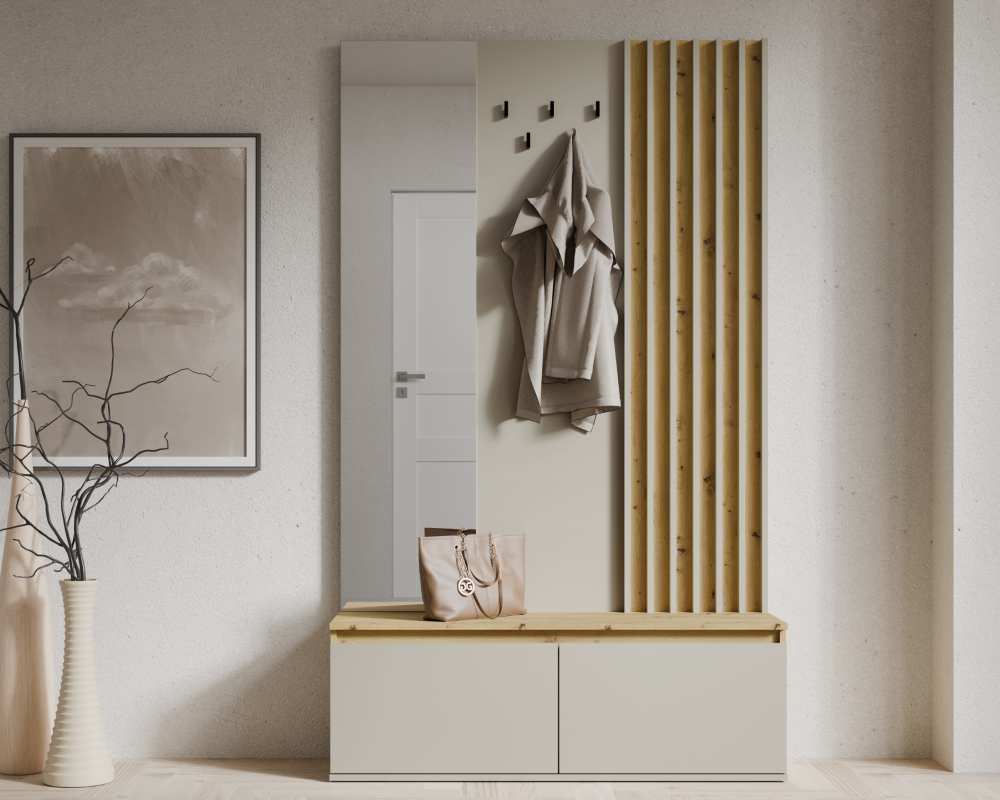 Set mobilier hol DERIS cu oglindă, cașmir/stejar artisan, 120x202 cm Kondela