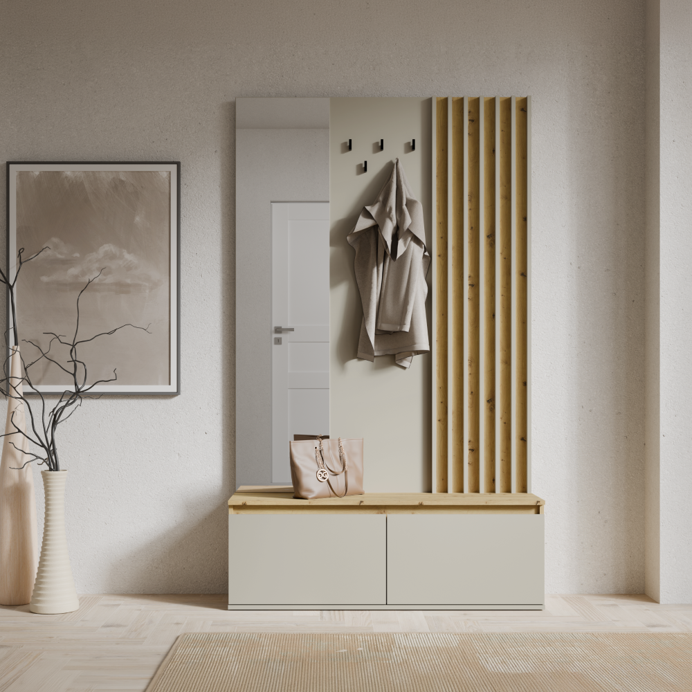 Set mobilier hol DERIS cu oglindă, cașmir/stejar artisan, 120x202 cm Kondela
