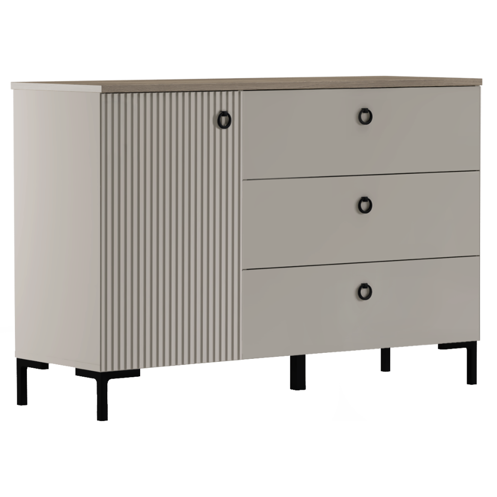 Comodă DOMCA, gri-maro Taupe/silverjack, 1 ușă și 3 sertare, 120 cm Kondela