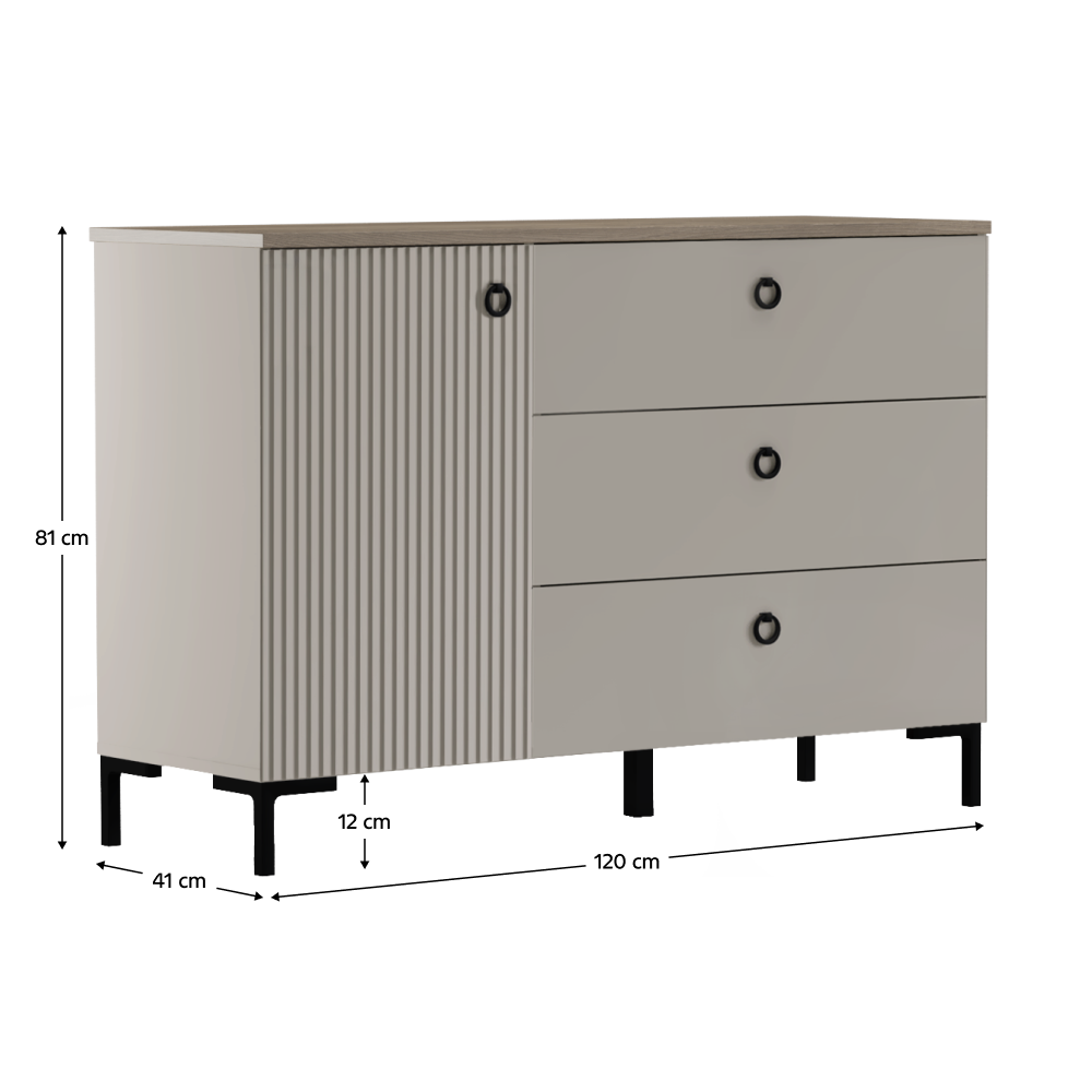 Comodă DOMCA, gri-maro Taupe/silverjack, 1 ușă și 3 sertare, 120 cm Kondela