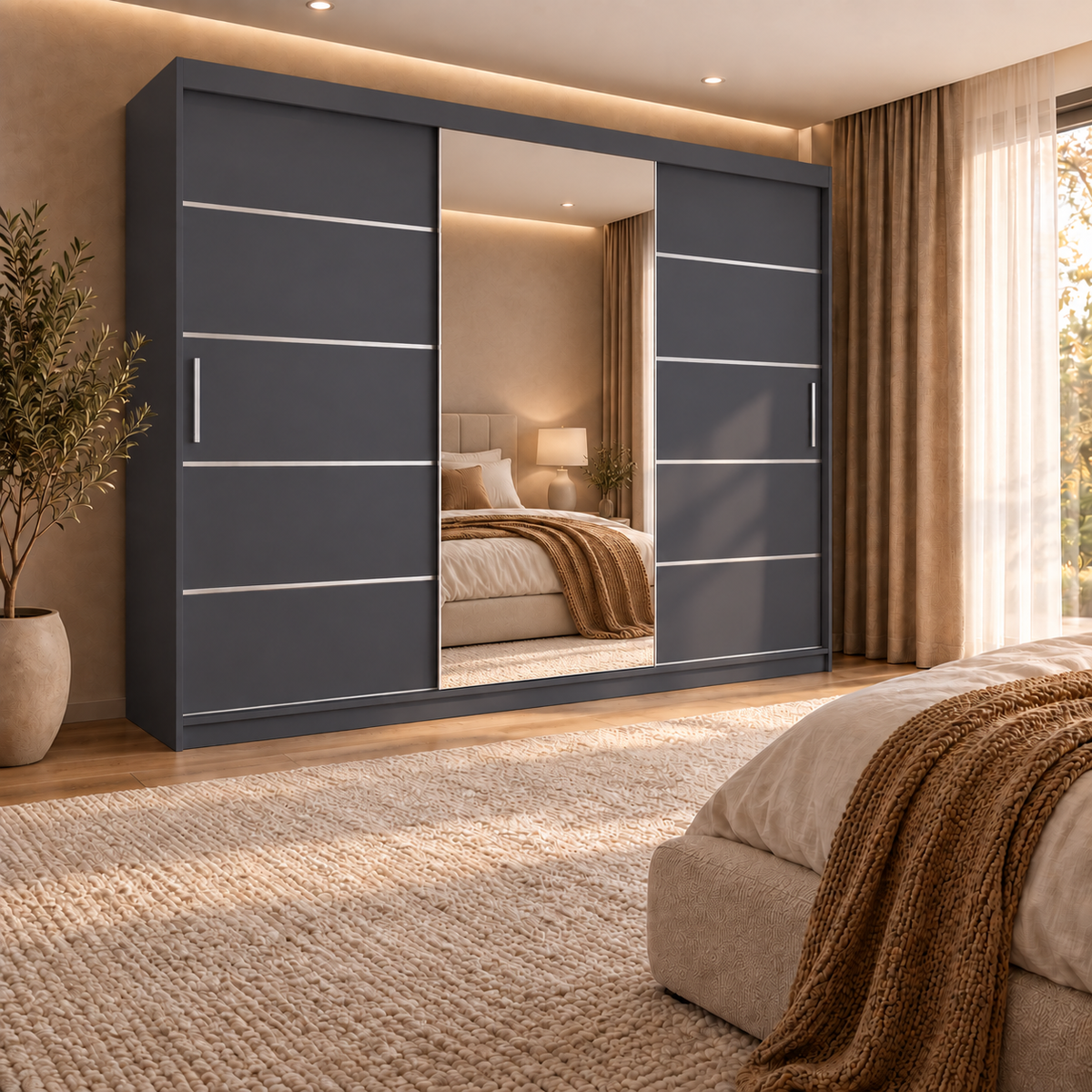 Dressing FIRENZE antracit cu uși culisante, cu oglindă, 240x60x200 cm