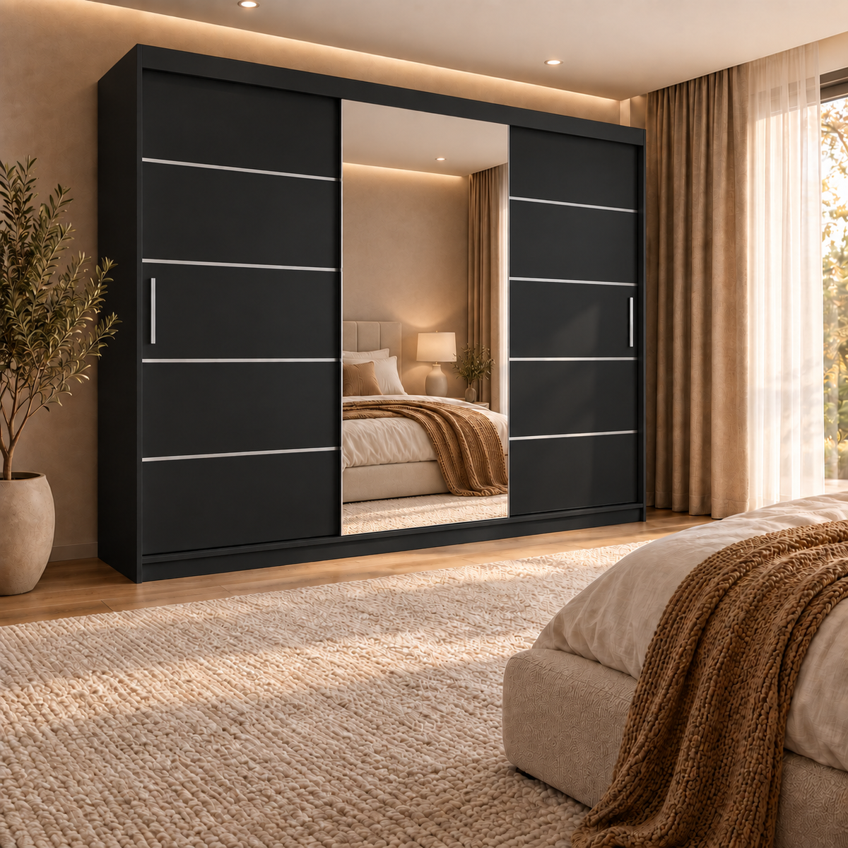 Dressing FIRENZE negru cu uși culisante, cu oglindă, 240x60x200 cm
