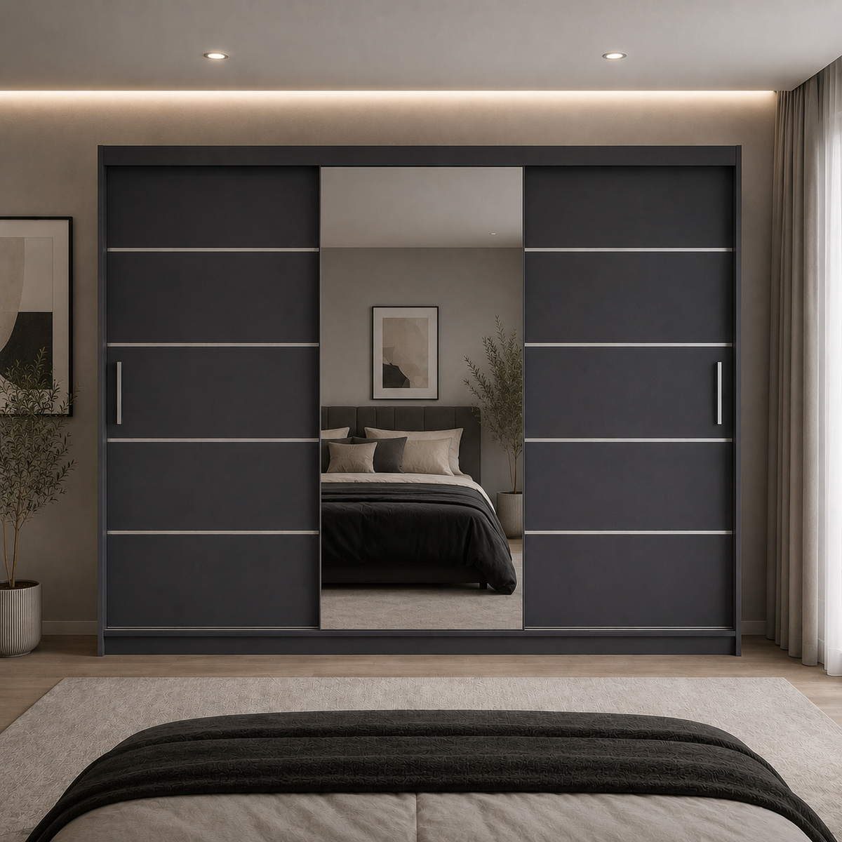 Dressing FIRENZE antracit cu uși culisante, cu sau fără oglindă, PAL 18 mm, 240x60x200 cm Cu oglindă Arboteca