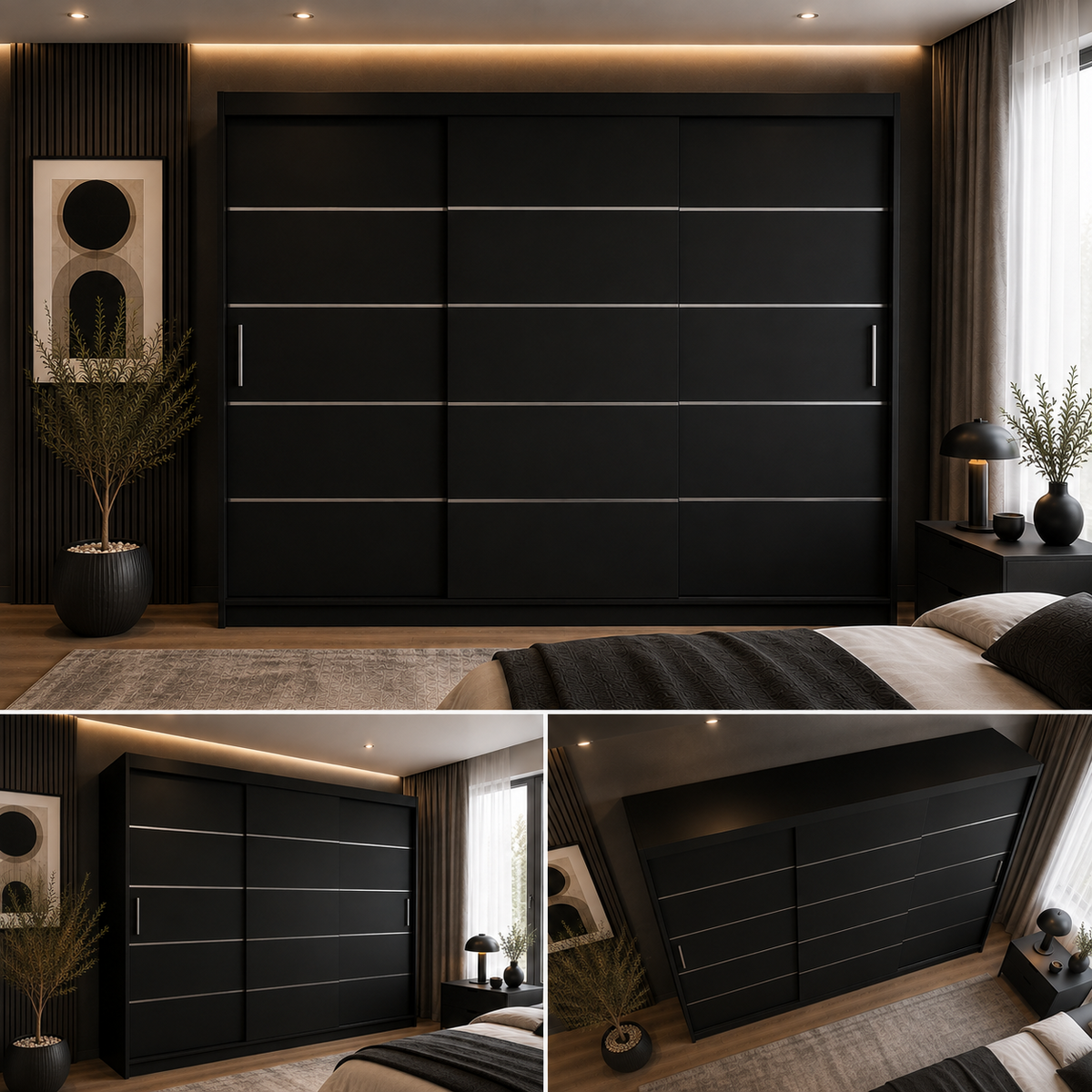 Dressing FIRENZE negru cu uși culisante, cu sau fără oglindă, PAL 18 mm, 240x60x200 cm Arboteca