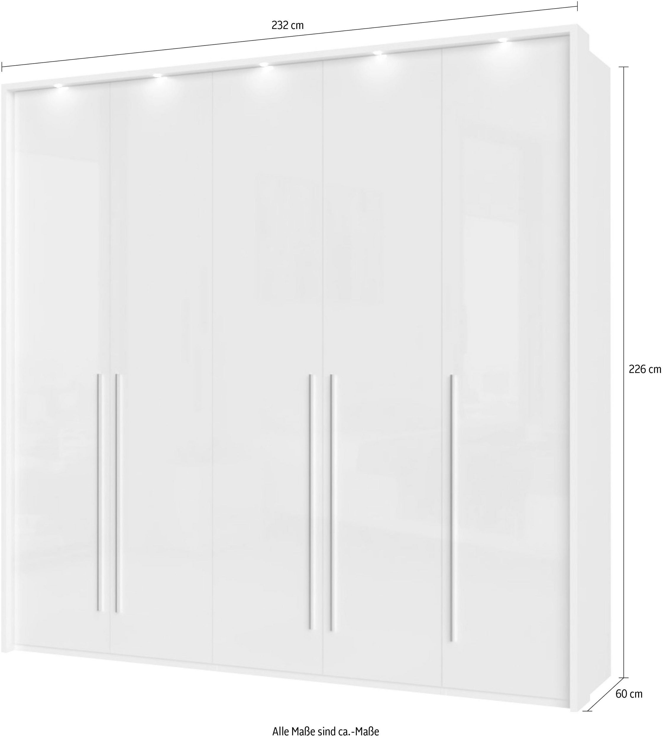 Dulap cu cinci usi Piano , Iluminare LED , Alb lucios , 232 cm latime Arboteca