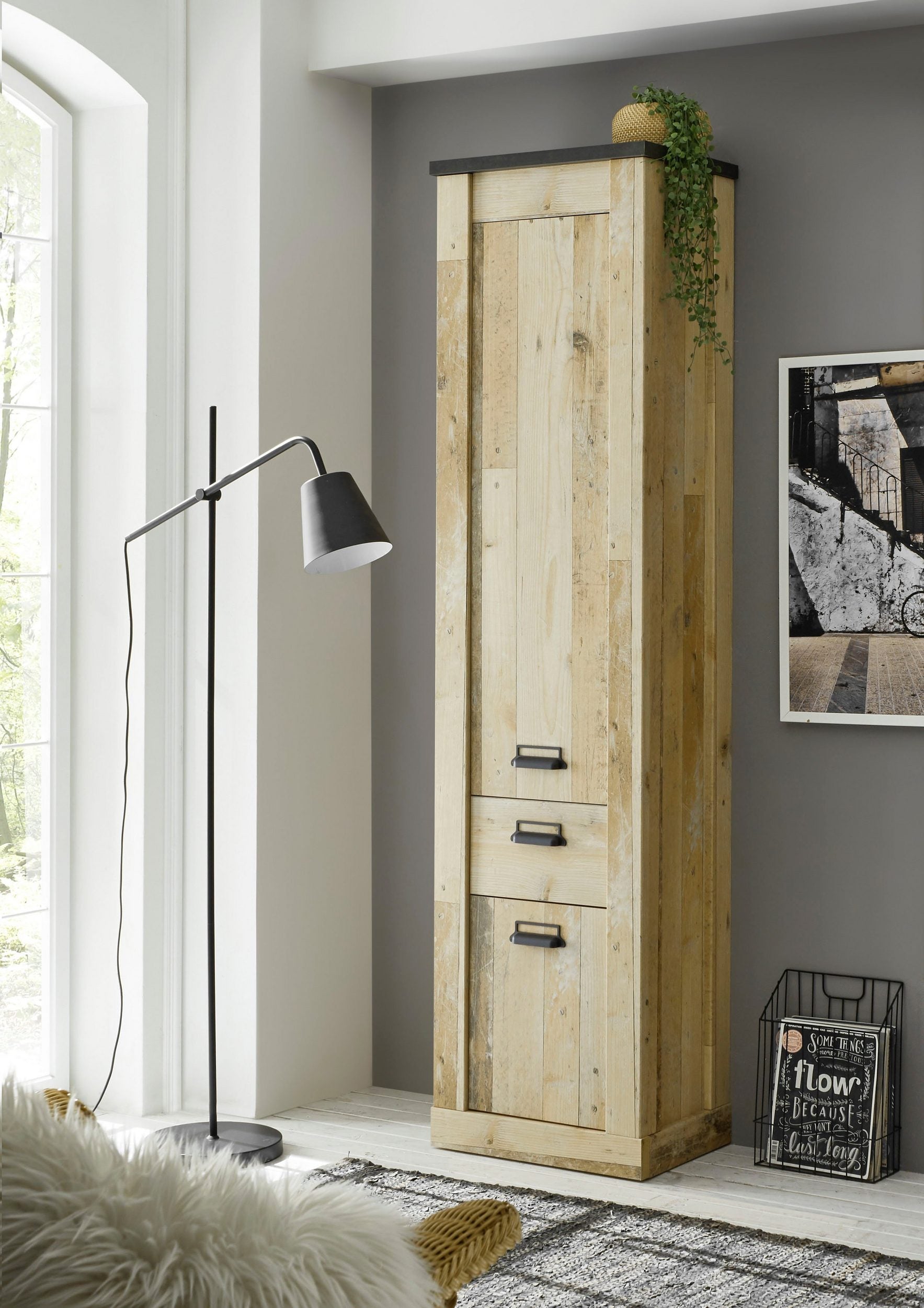 Dulap de depozitare Sherwood, 51x38x201 cm, decor lemn rustic, PAL melaminat, 1 ușă, 1 sertar, sistem soft-close Arboteca