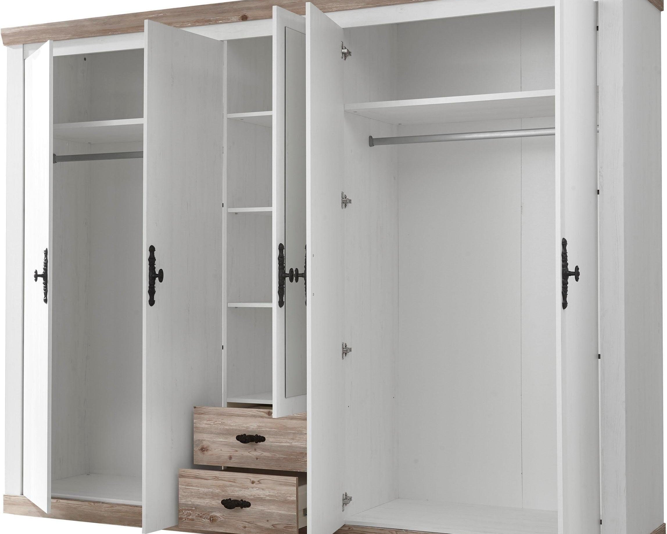Dulap PAL si MDF Florenz, 5 usi, oglinda, dormitor, Alb/Pin, 265 cm latime Arboteca