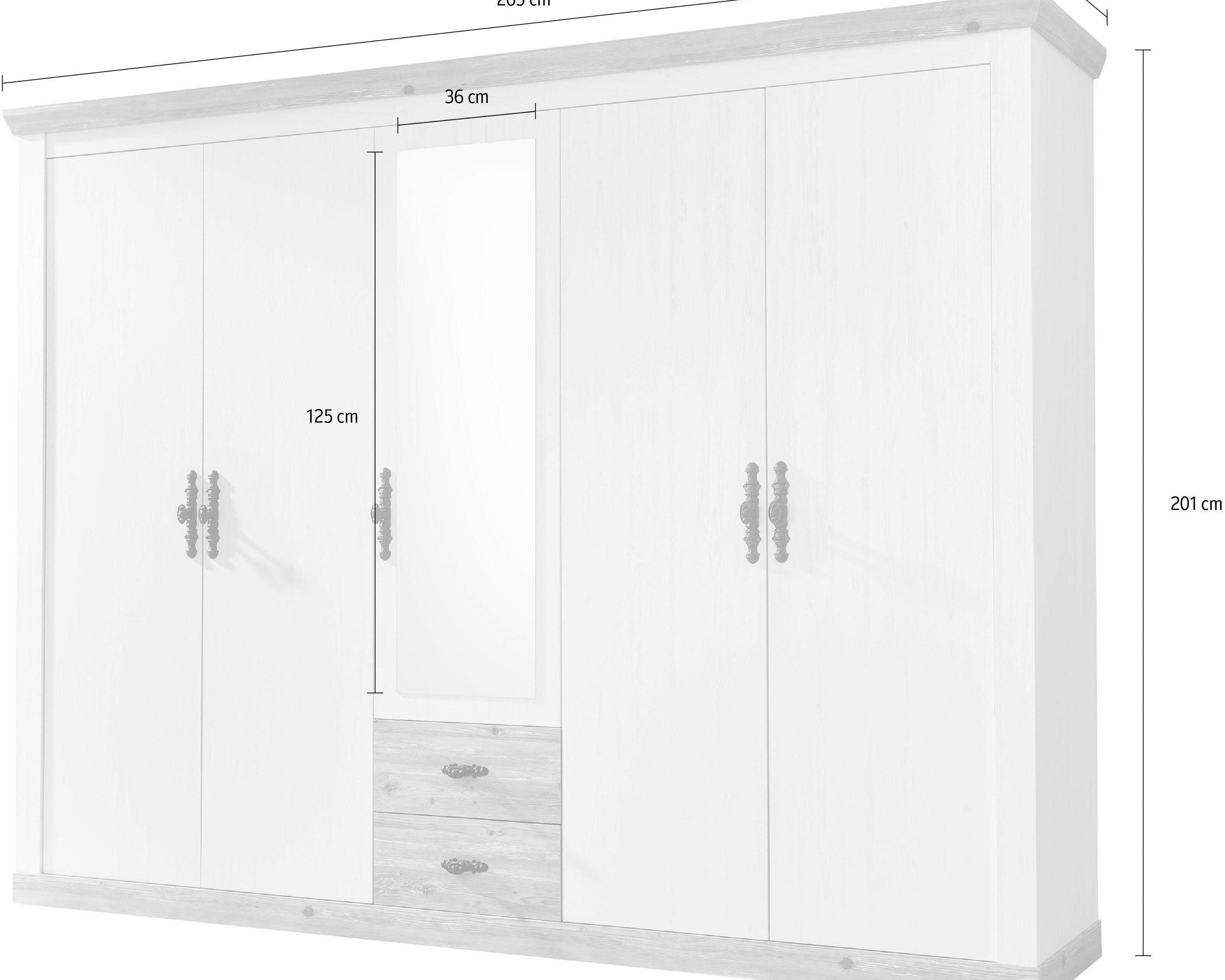 Dulap PAL si MDF Florenz, 5 usi, oglinda, dormitor, Alb/Pin, 265 cm latime Arboteca