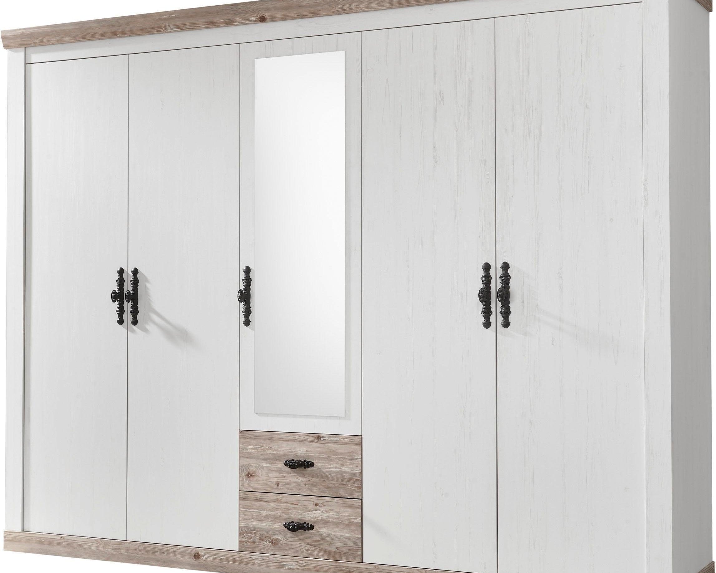 Dulap PAL si MDF Florenz, 5 usi, oglinda, dormitor, Alb/Pin, 265 cm latime Arboteca