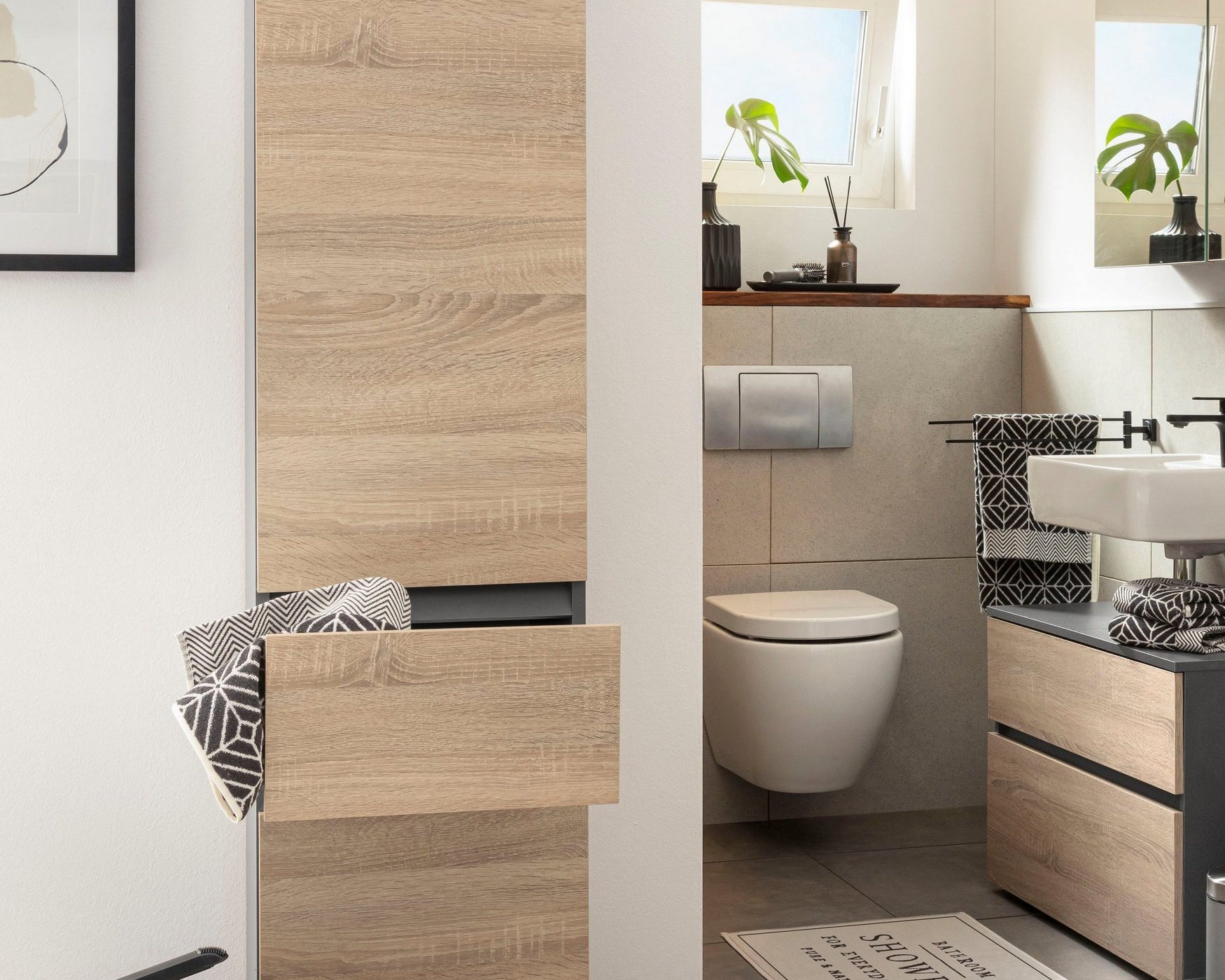 Dulap inalt de baie Wisla din PAL, design fara manere, gri-stejar Arboteca