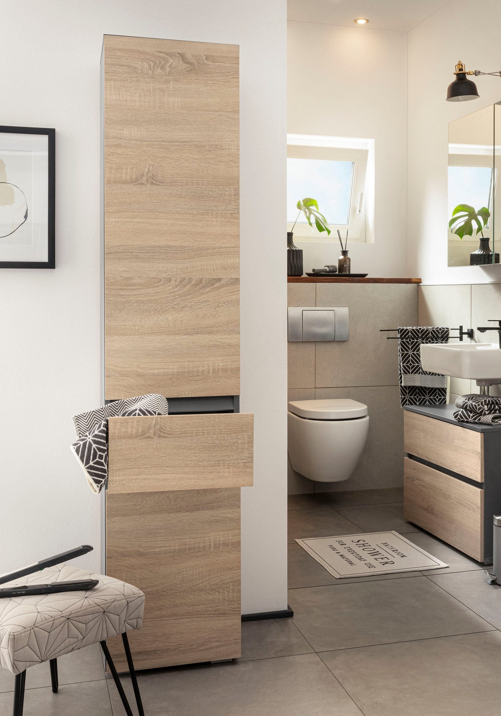 Dulap inalt pentru baie Wisla, Gri-Stejar Arboteca