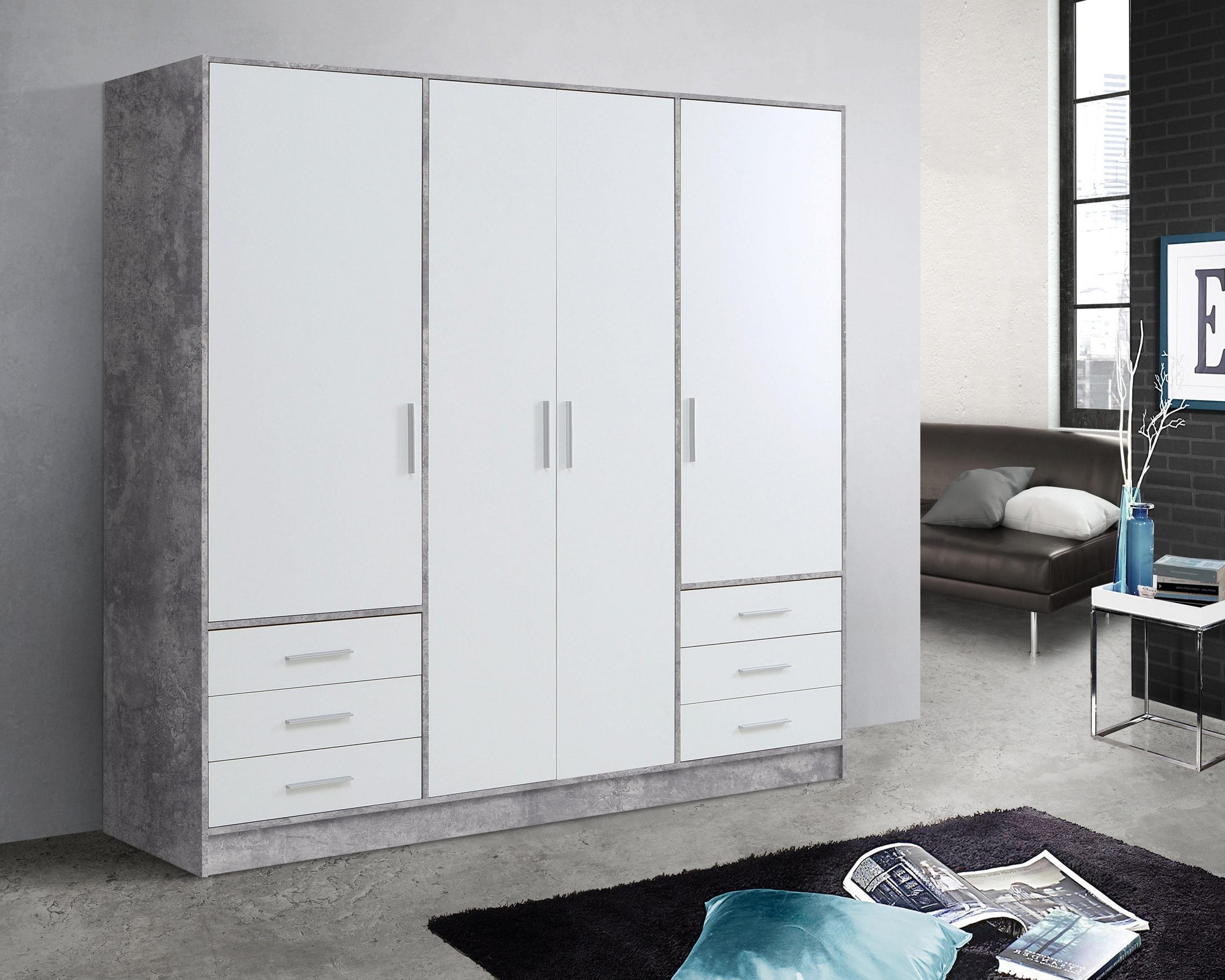 Dulap cu patru usi Jupiter , Alb-Gri , 207 cm latime Arboteca