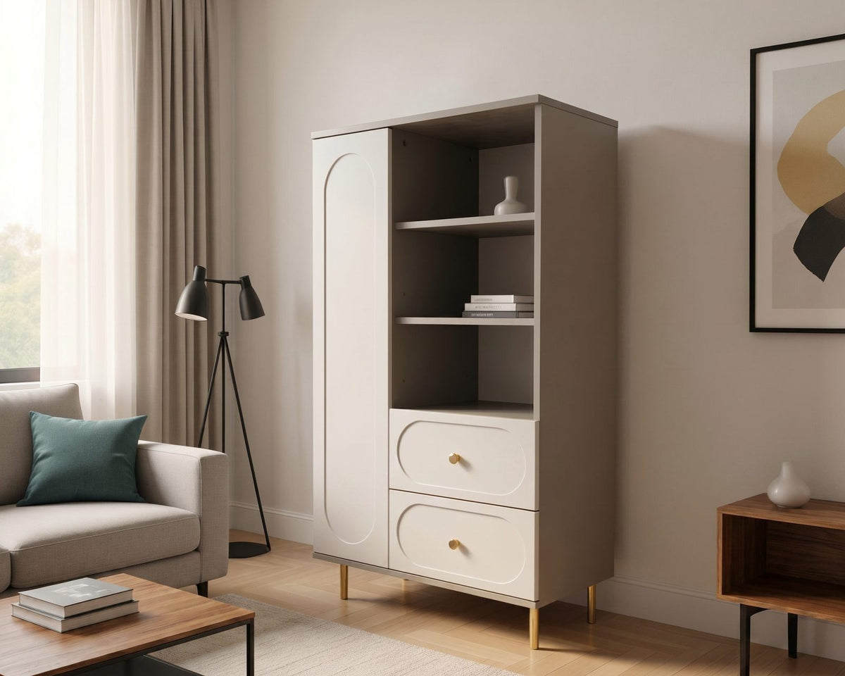 Dulap living CORTONA cu 1 ușă, 2 sertare și polițe deschise, MDF frezat oval, cașmir-bazalt, 80x40x150 cm Arboteca