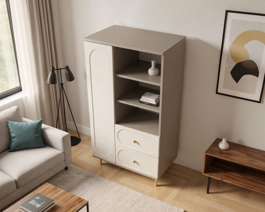 Dulap living CORTONA cu 1 ușă, 2 sertare și polițe deschise, MDF frezat oval, cașmir-bazalt, 80x40x150 cm Arboteca