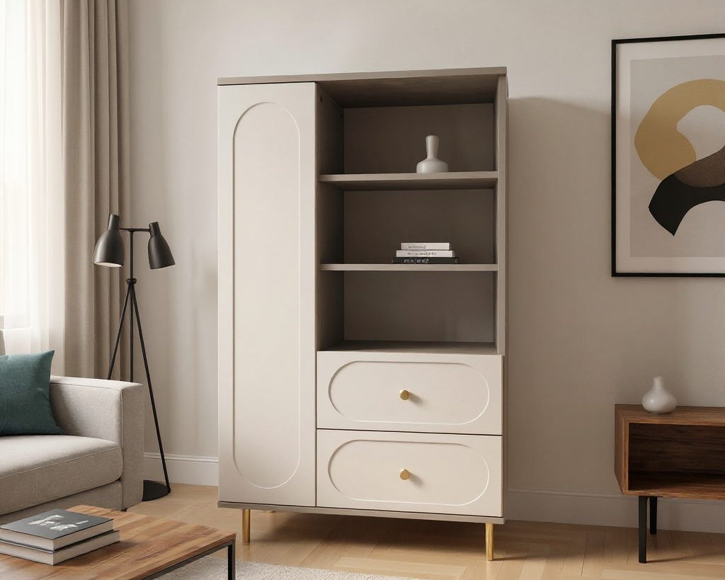 Dulap living CORTONA cu 1 ușă, 2 sertare și polițe deschise, MDF frezat oval, cașmir-bazalt, 80x40x150 cm Arboteca