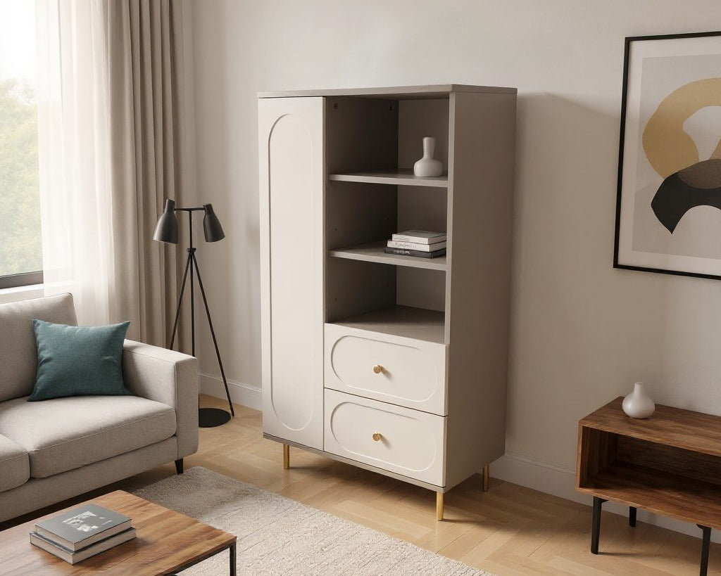 Dulap living CORTONA cu 1 ușă, 2 sertare și polițe deschise, MDF frezat oval, cașmir-bazalt, 80x40x150 cm Arboteca