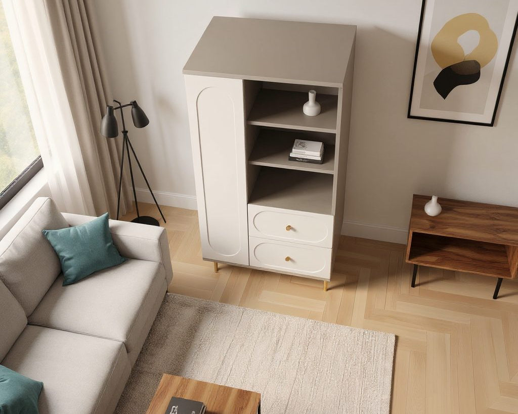 Dulap living CORTONA cu 1 ușă, 2 sertare și polițe deschise, MDF frezat oval, cașmir-bazalt, 80x40x150 cm Arboteca