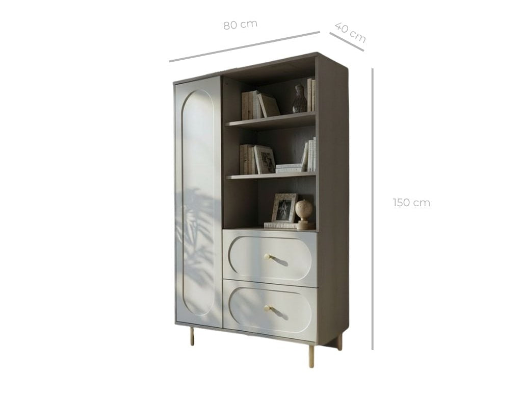 Dulap living CORTONA cu 1 ușă, 2 sertare și polițe deschise, MDF frezat oval, cașmir-bazalt, 80x40x150 cm Arboteca