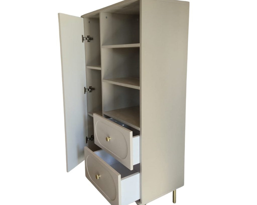 Dulap living CORTONA cu 1 ușă, 2 sertare și polițe deschise, MDF frezat oval, cașmir-bazalt, 80x40x150 cm Arboteca