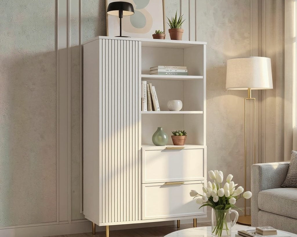Dulap PORTOFINO alb cu ușă, poliță deschisă și 2 sertare, MDF frezat vopsit, 80x40x150 cm Arboteca