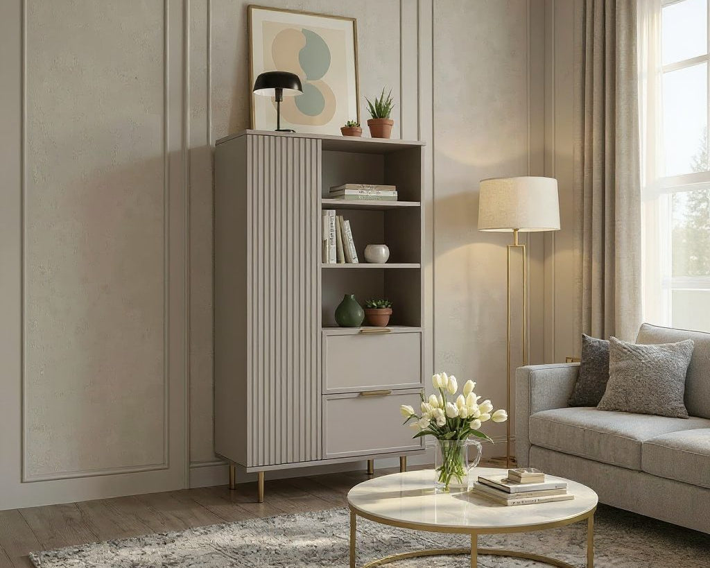 Dulap PORTOFINO cașmir bazalt cu ușă, poliță deschisă și 2 sertare, MDF riflat vopsit, 80x40x150 cm Arboteca