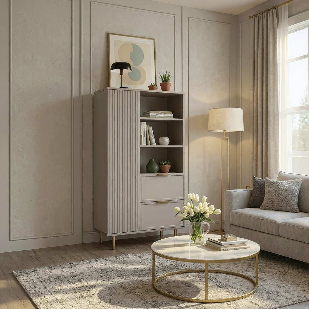 Dulap PORTOFINO casmir bazalt cu ușă, poliță deschisă și sertar, MDF frezat vopsit, 80x40x150 cm Arboteca