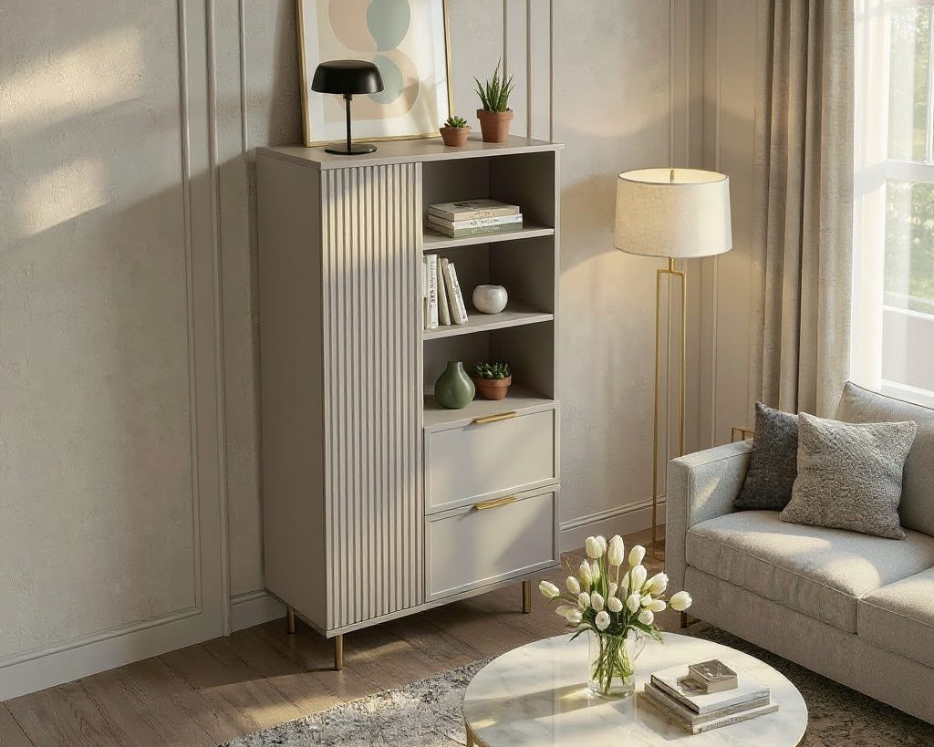 Dulap PORTOFINO cașmir bazalt cu ușă, poliță deschisă și 2 sertare, MDF riflat vopsit, 80x40x150 cm Arboteca