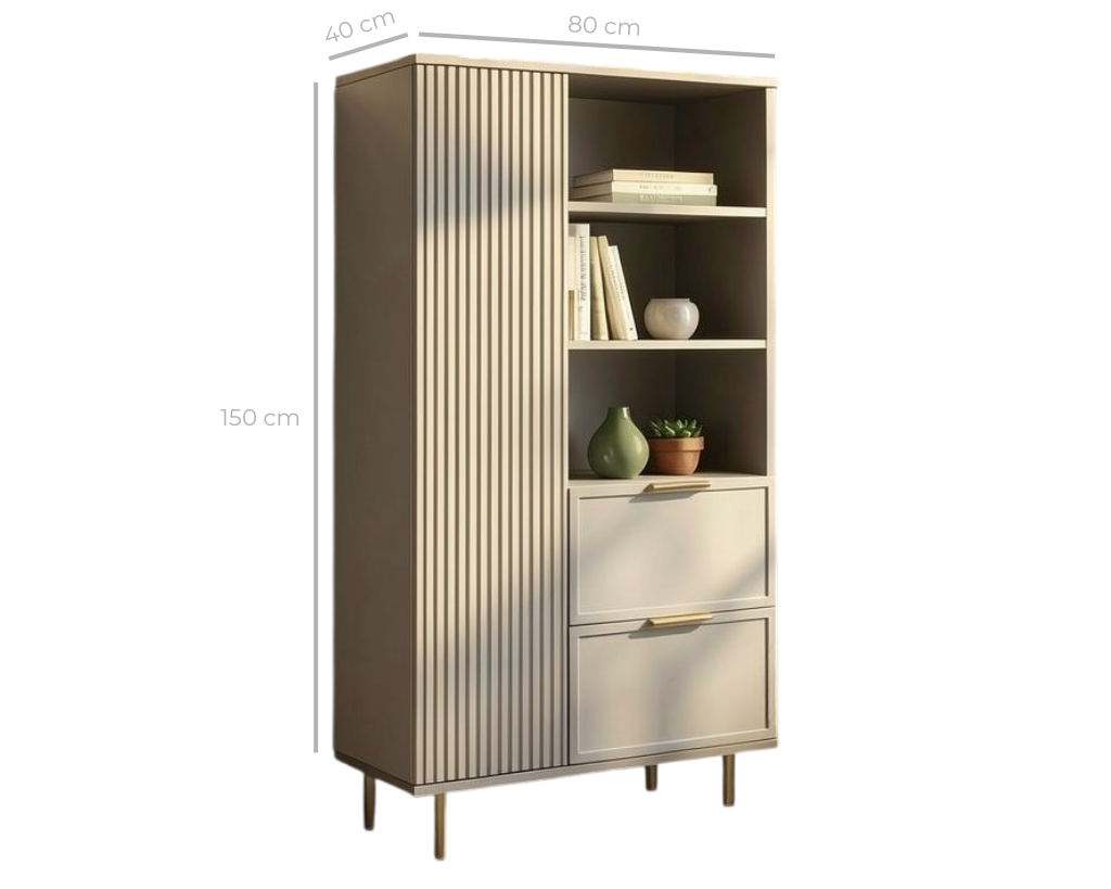 Dulap PORTOFINO cașmir bazalt cu ușă, poliță deschisă și 2 sertare, MDF riflat vopsit, 80x40x150 cm Arboteca