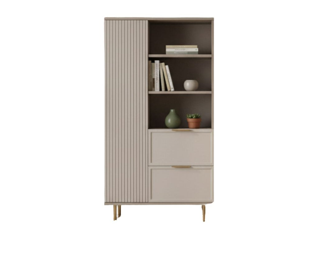 Dulap PORTOFINO cașmir bazalt cu ușă, poliță deschisă și 2 sertare, MDF riflat vopsit, 80x40x150 cm Arboteca