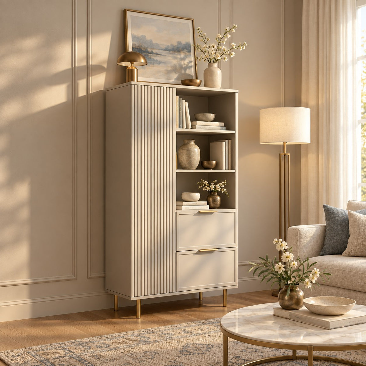 Dulap PORTOFINO cașmir bazalt cu ușă, poliță deschisă și 2 sertare, MDF riflat vopsit, 80x40x150 cm Default Title Arboteca