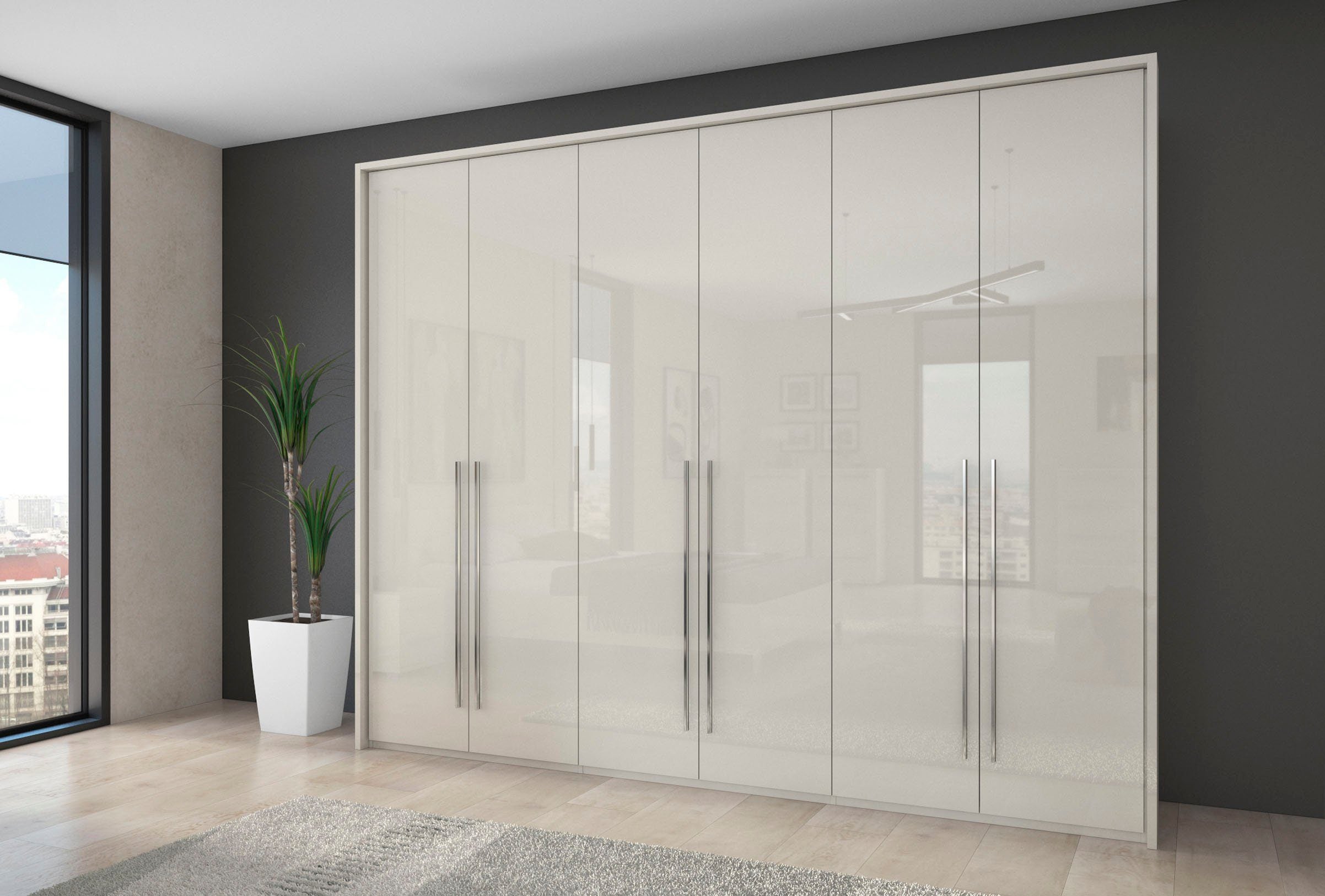 Dulap 6 uși Piano, crem lucios, ramă LED, 270 cm lățime Arboteca