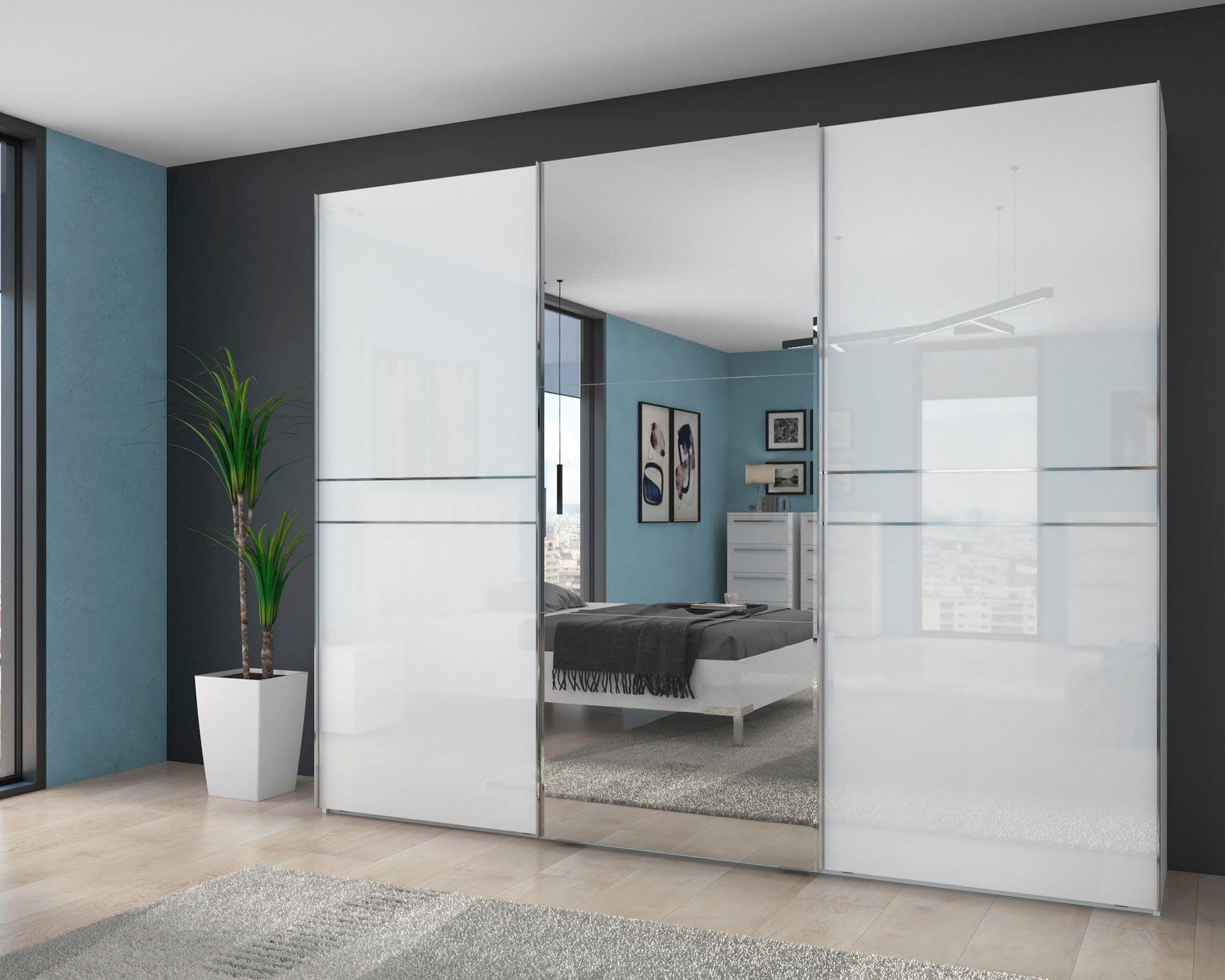 Dulap cu usi glisante Piano vopsit UV, lucios, cu functie de inchidere soft, 272 cm latime Arboteca