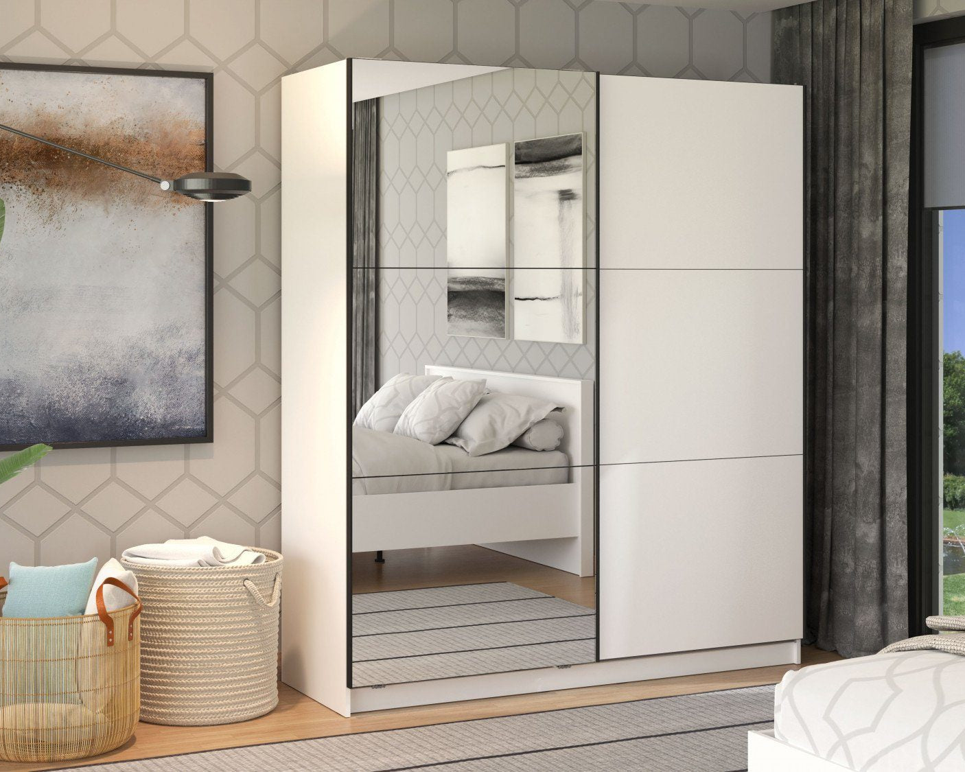 Dulap cu usi glisante Sierra ,Alb , Oglinzi , 179 cm latime Arboteca