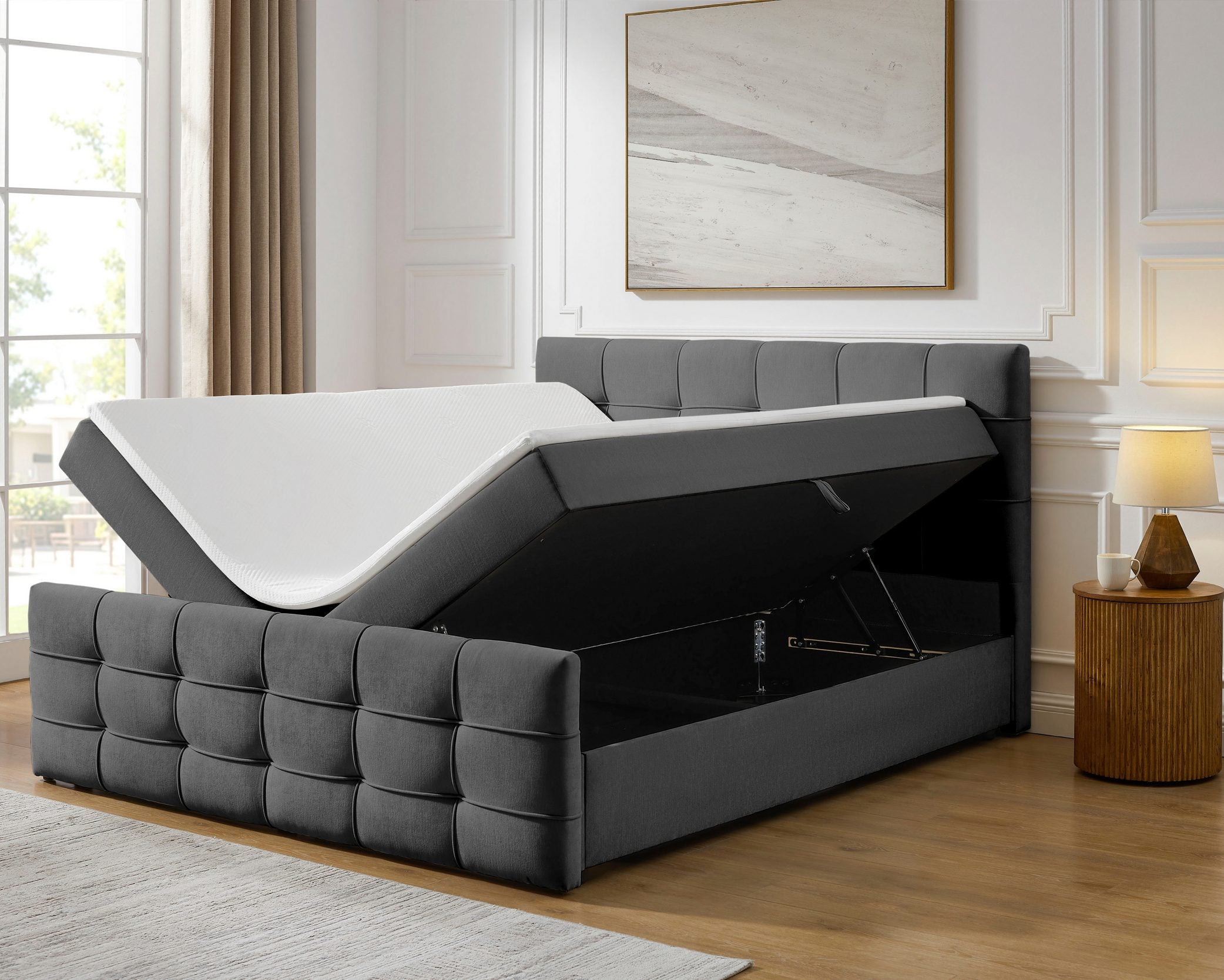 Pat boxspring Lilienne, 180×200 cm, ladă depozitare, saltea H3 + topper Arboteca